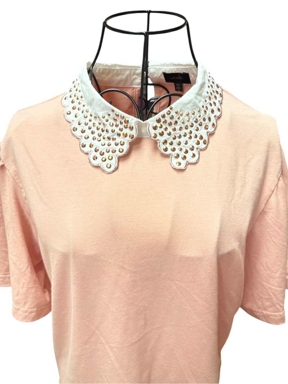 Studded Peter Pan Collar Short Sleeve Tee - Pink Peach Medium